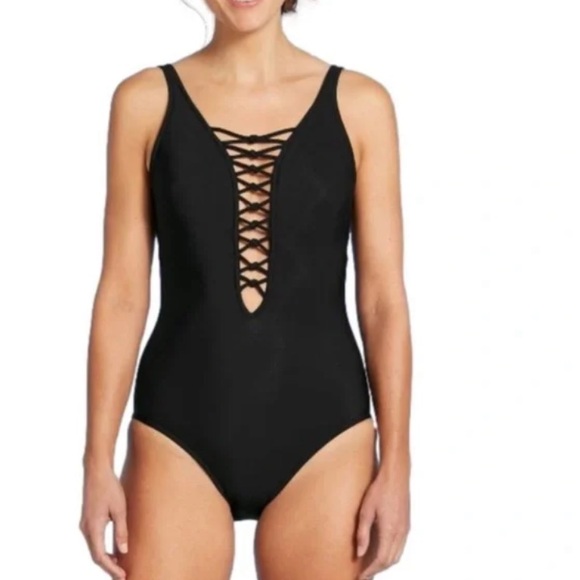AQUA GREEN Lace Up One Piece Swimsuit in Black - Picture 5 of 13